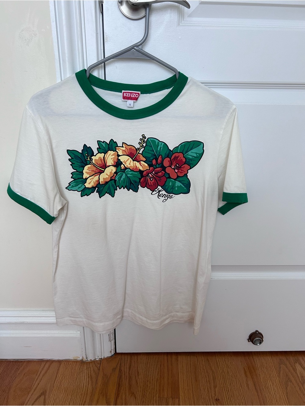 Kenzo Cream Floral Graphic Ringer Tee with Green Trim